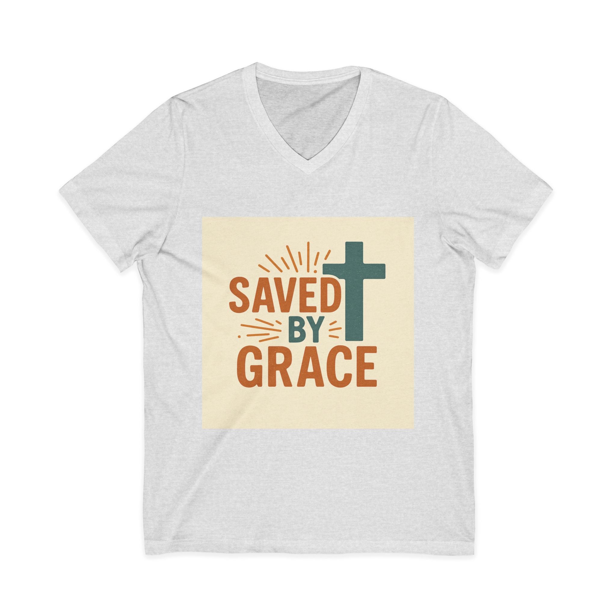 Saved By Grace V-Neck Tee — Christian Cross Faith T-Shirt