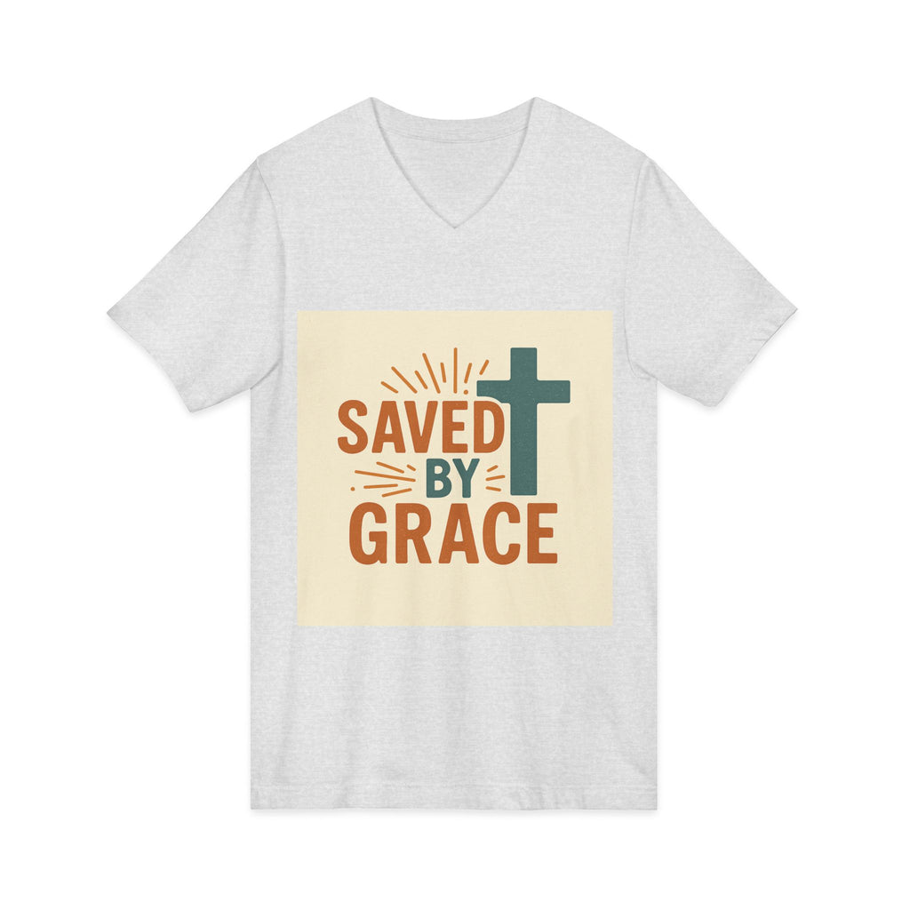 Saved By Grace V-Neck Tee — Christian Cross Faith T-Shirt
