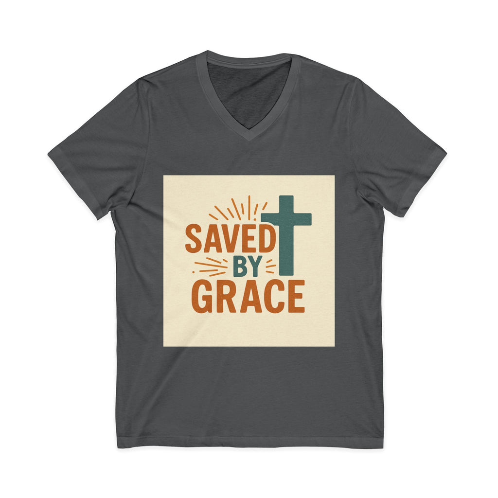 Saved By Grace V-Neck Tee — Christian Cross Faith T-Shirt