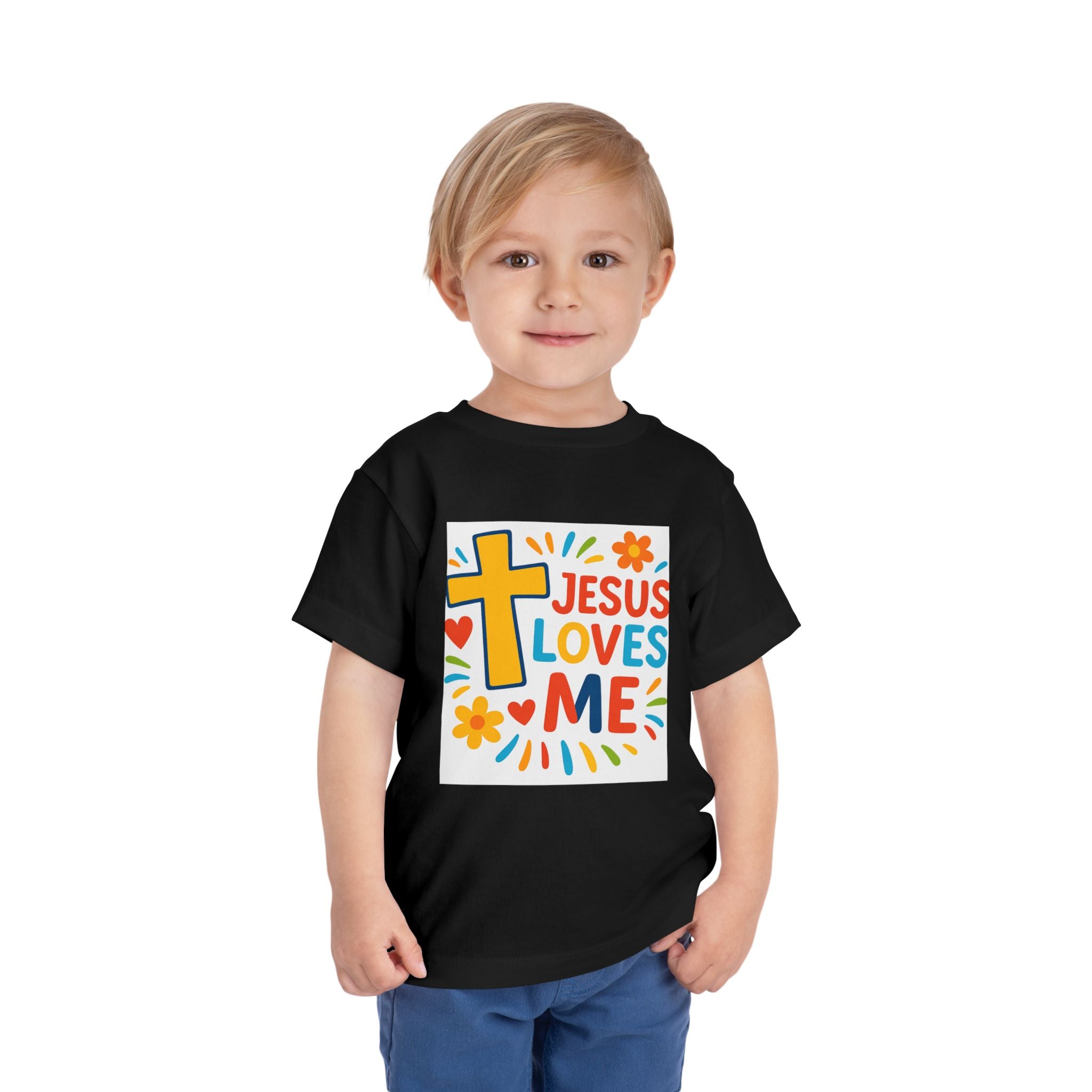 Jesus Loves Me Toddler Tee — Colorful Cross Christian Kids Shirt