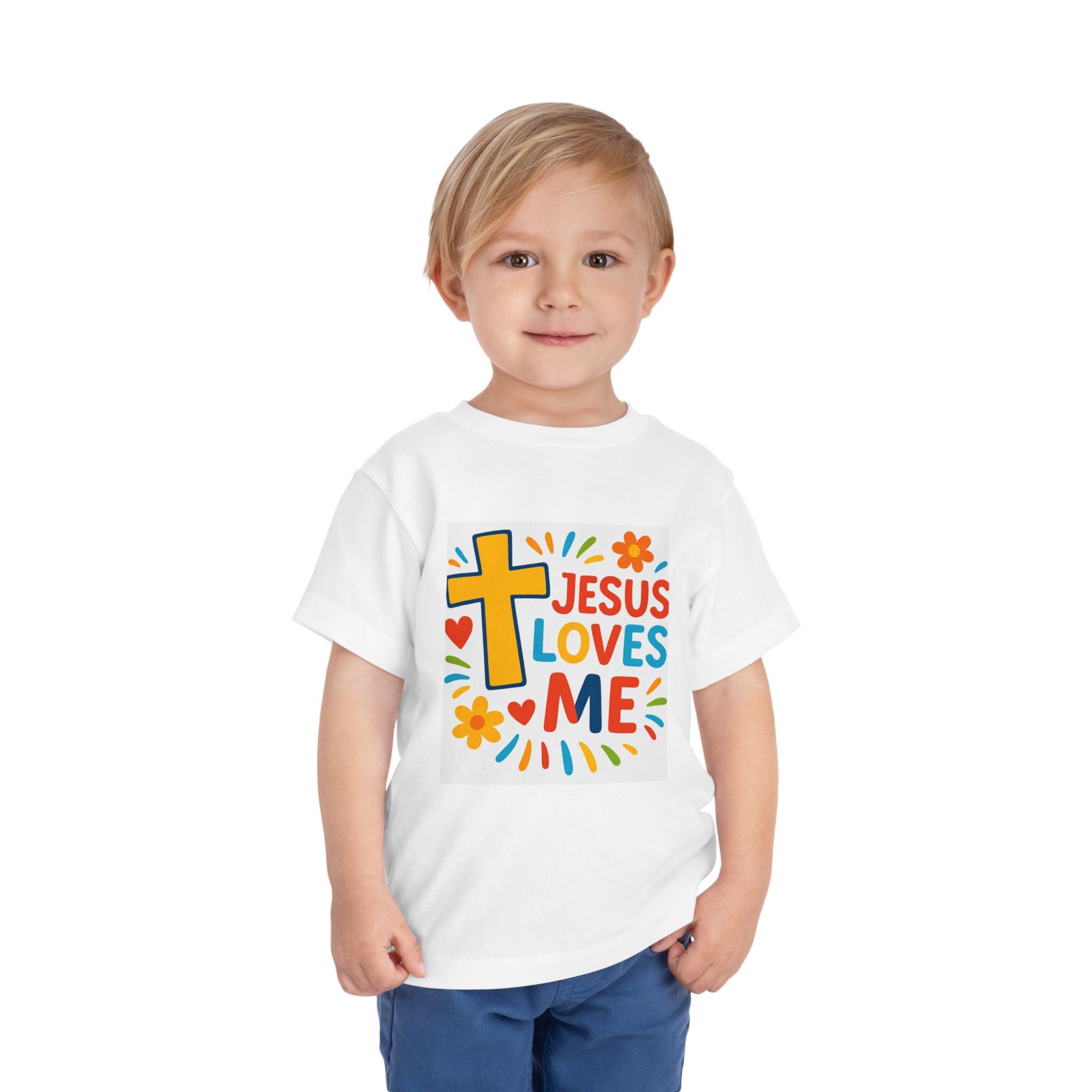 Jesus Loves Me Toddler Tee — Colorful Cross Christian Kids Shirt