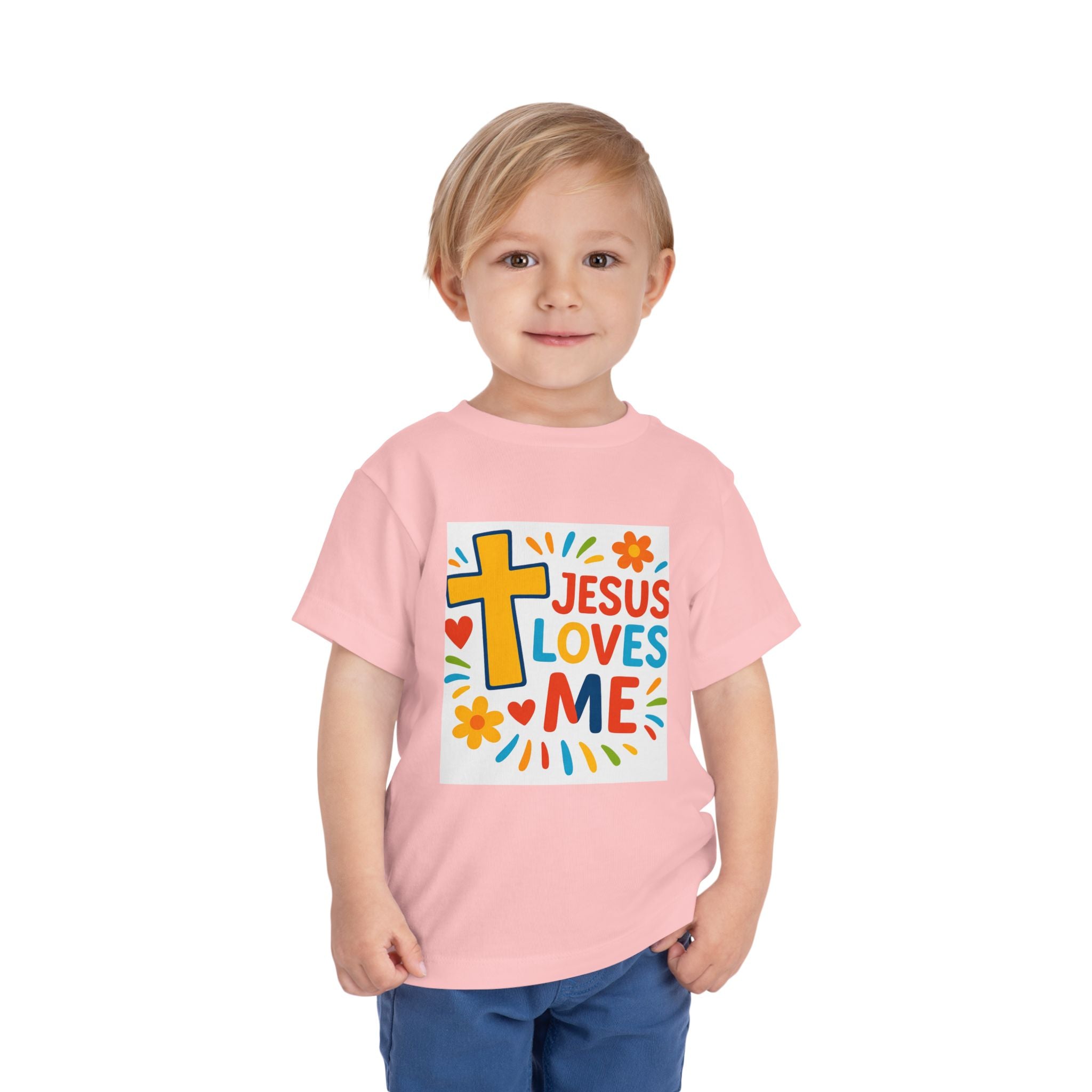 Jesus Loves Me Toddler Tee — Colorful Cross Christian Kids Shirt