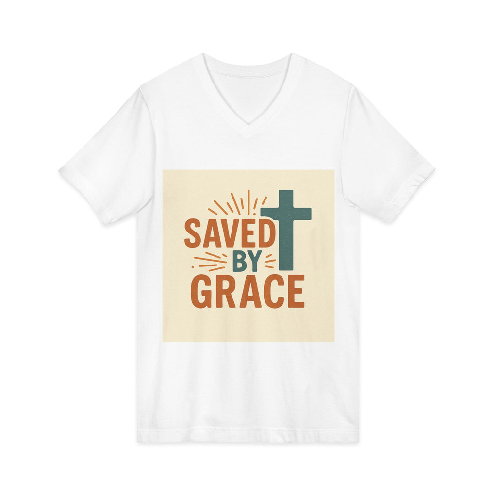 Saved By Grace V-Neck Tee — Christian Cross Faith T-Shirt