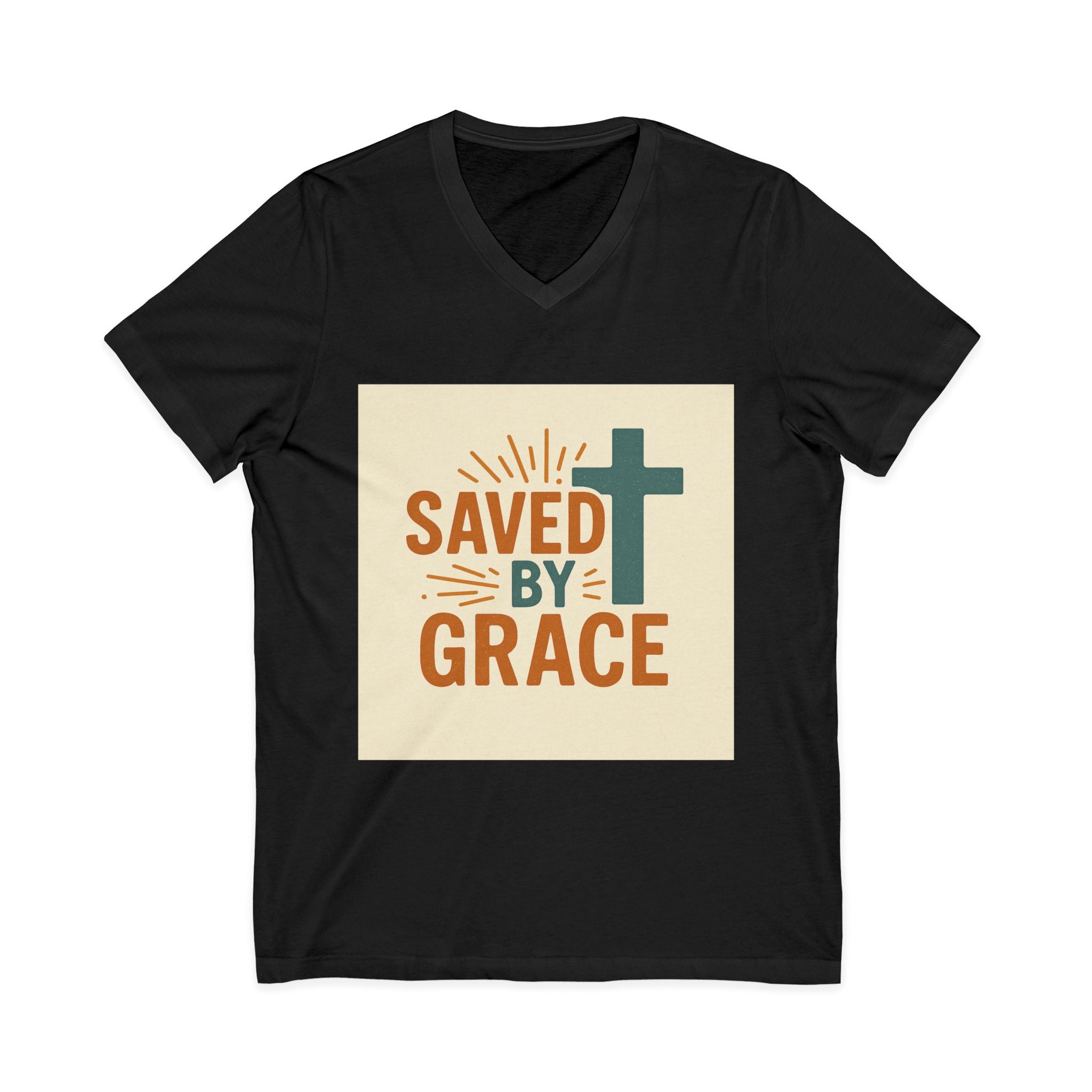 Saved By Grace V-Neck Tee — Christian Cross Faith T-Shirt
