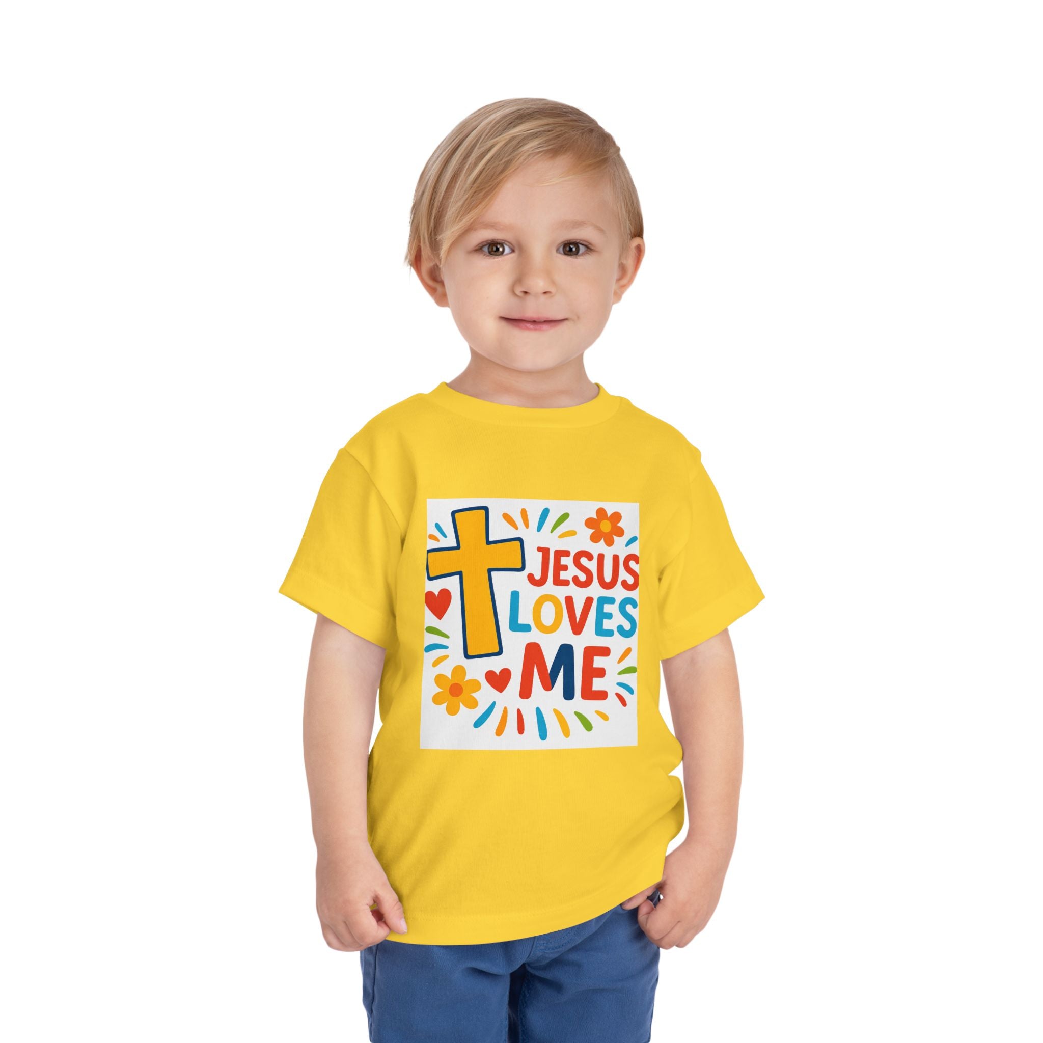 Jesus Loves Me Toddler Tee — Colorful Cross Christian Kids Shirt