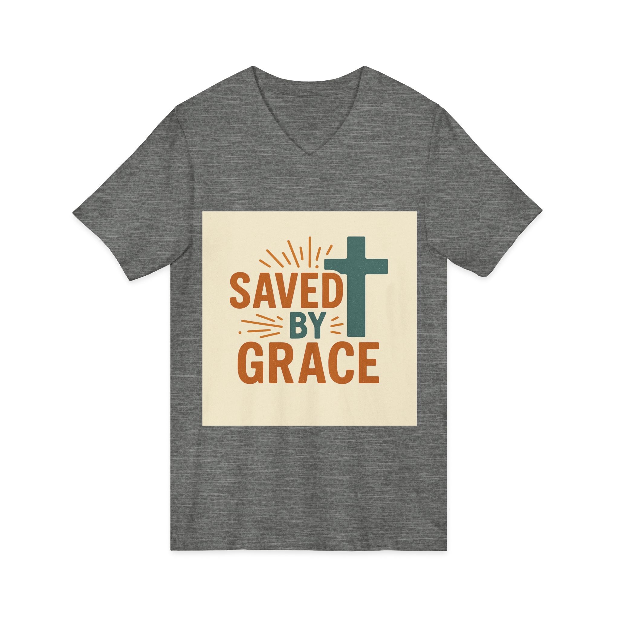 Saved By Grace V-Neck Tee — Christian Cross Faith T-Shirt