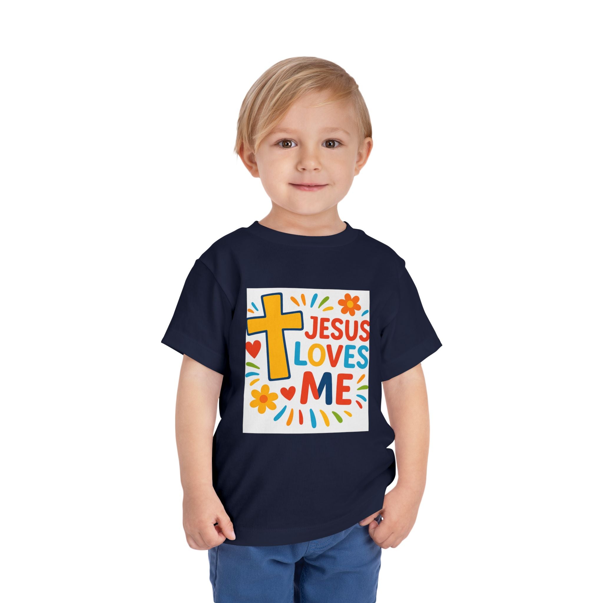 Jesus Loves Me Toddler Tee — Colorful Cross Christian Kids Shirt