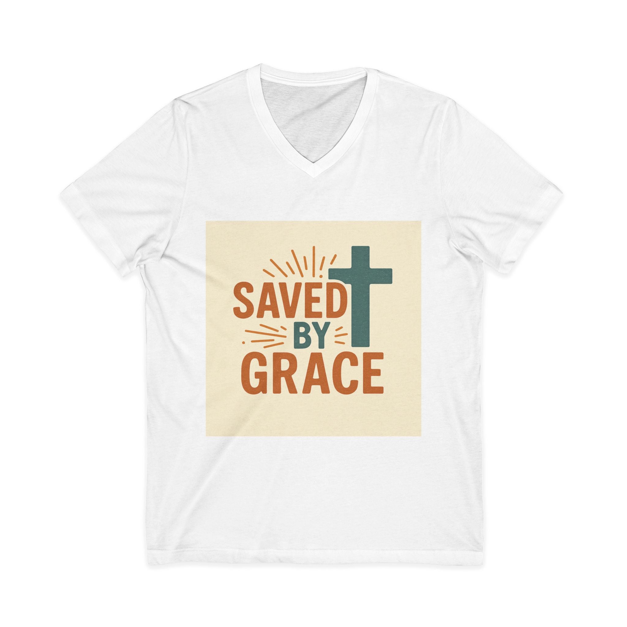Saved By Grace V-Neck Tee — Christian Cross Faith T-Shirt