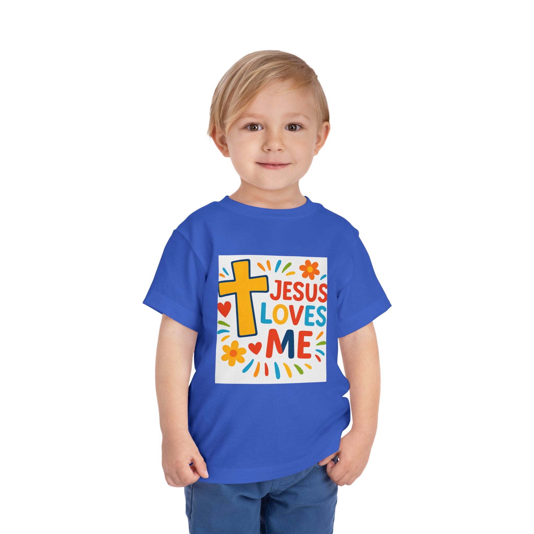 Jesus Loves Me Toddler Tee — Colorful Cross Christian Kids Shirt
