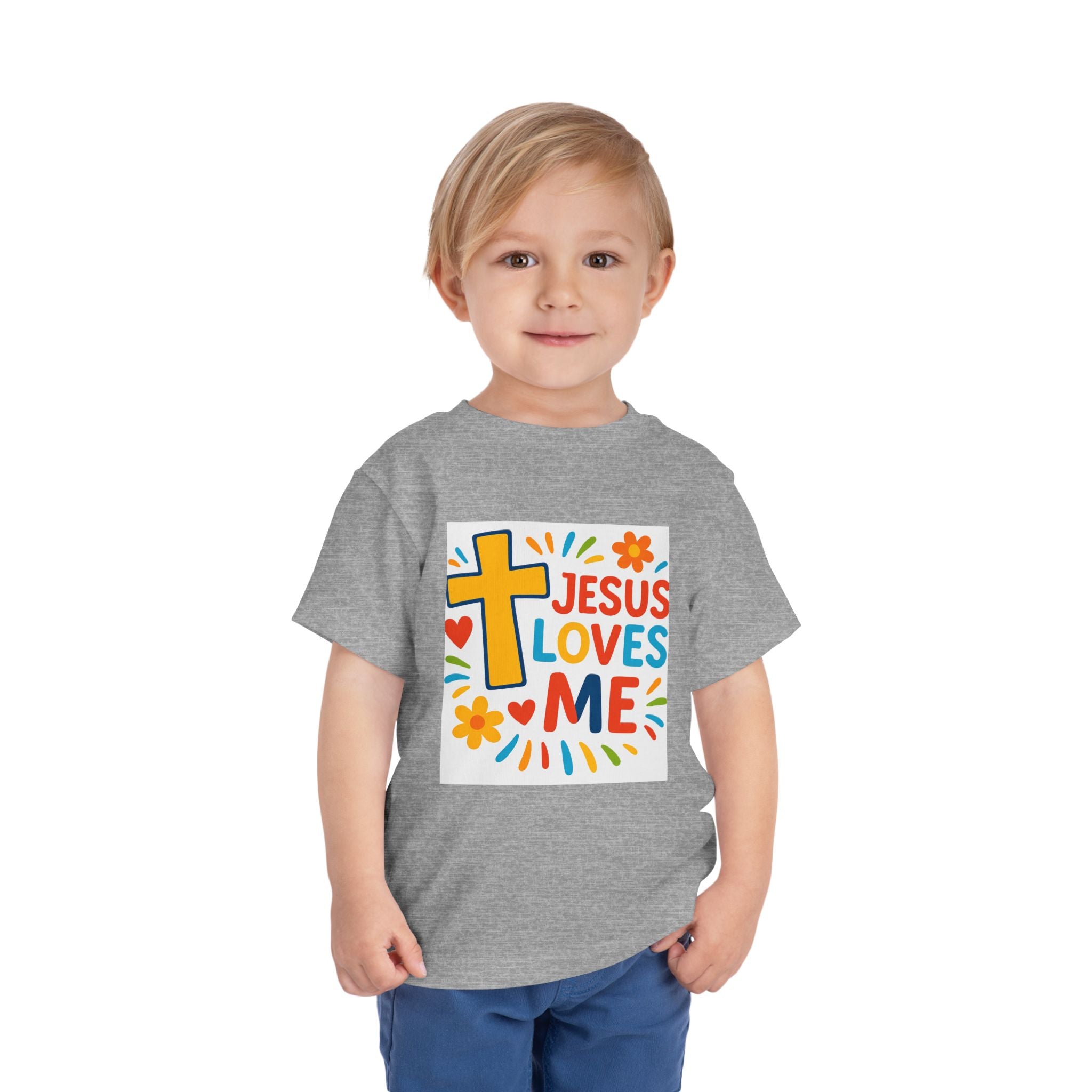 Jesus Loves Me Toddler Tee — Colorful Cross Christian Kids Shirt