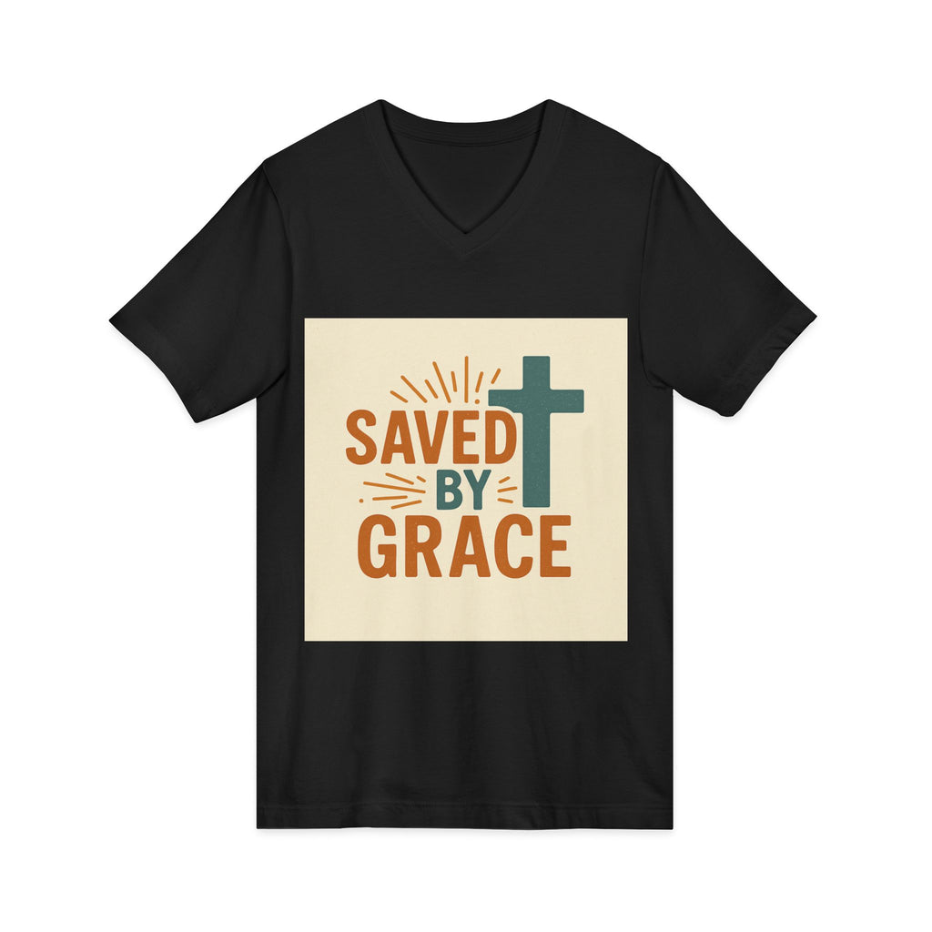 Saved By Grace V-Neck Tee — Christian Cross Faith T-Shirt