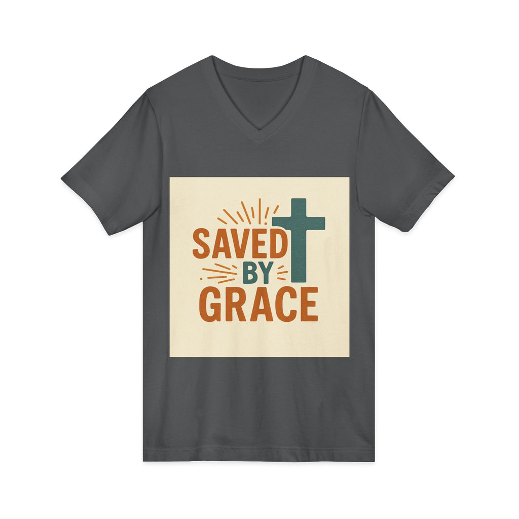 Saved By Grace V-Neck Tee — Christian Cross Faith T-Shirt
