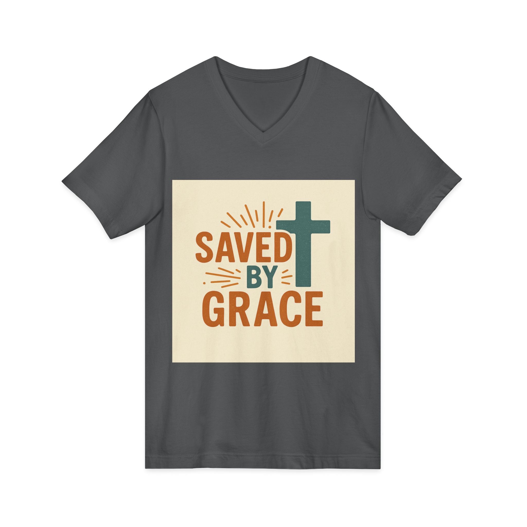 Saved By Grace V-Neck Tee — Christian Cross Faith T-Shirt